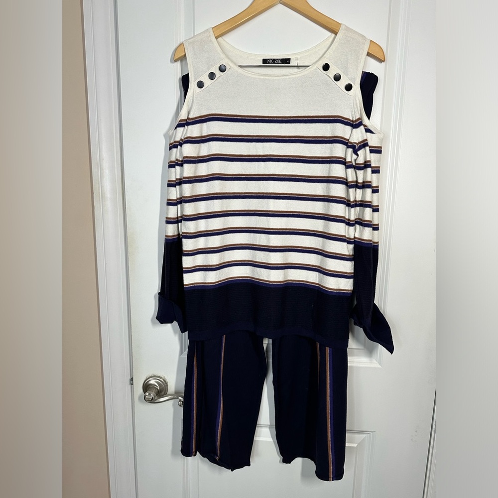 NIC+ZOE Ivory Blue Cold Shoulder Knit Set Top and Culottes